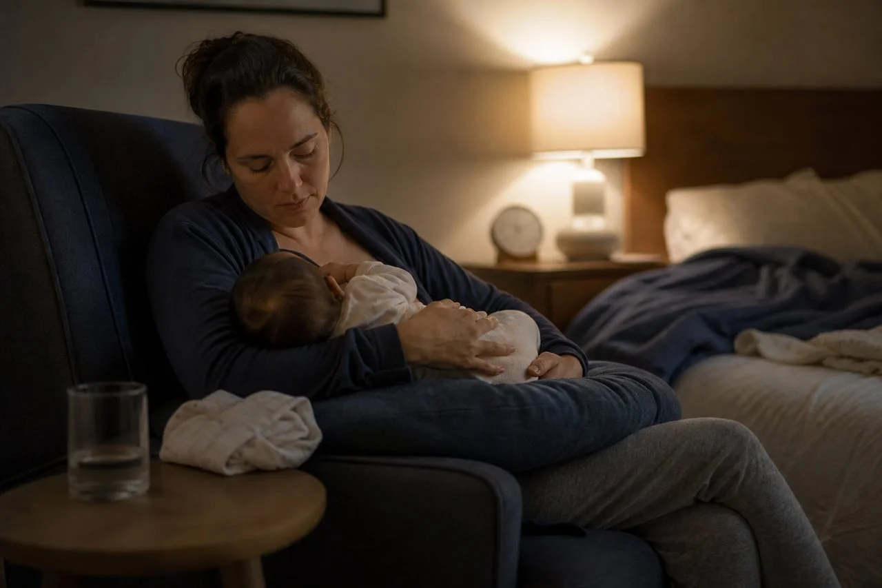 E Mueter stillt ihres Baby i de Nacht i mene Sessel näbed em Bett