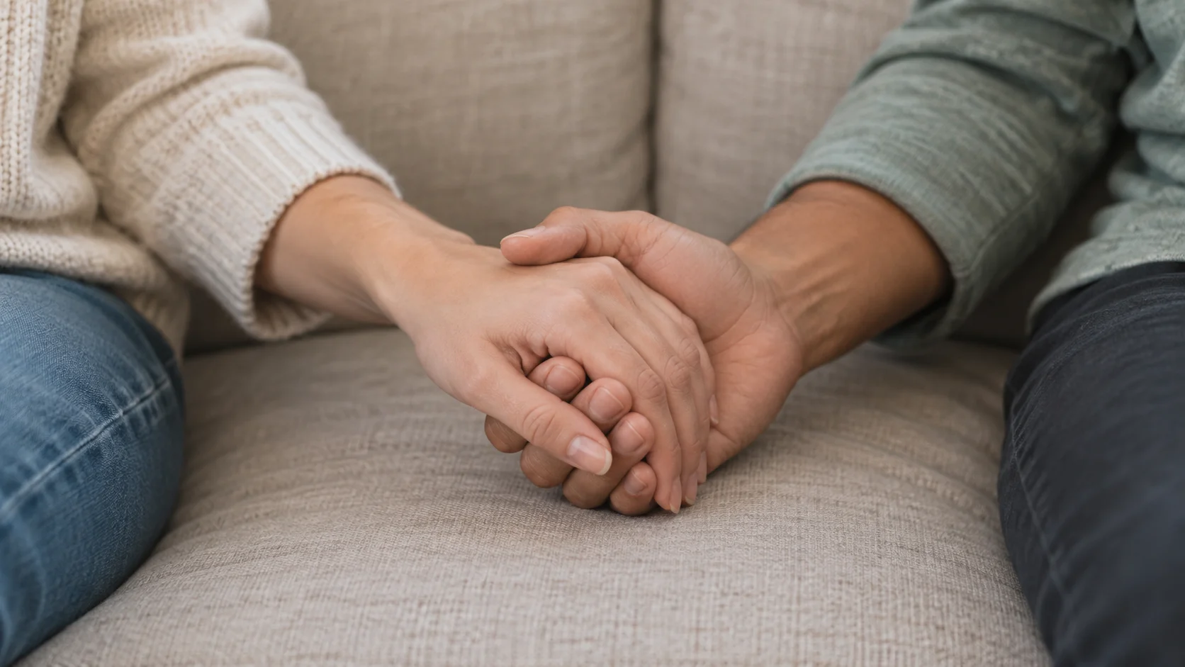 Zwei Menschen halten einander an der Hand, während sie nebeneinander auf einem Sofa sitzen