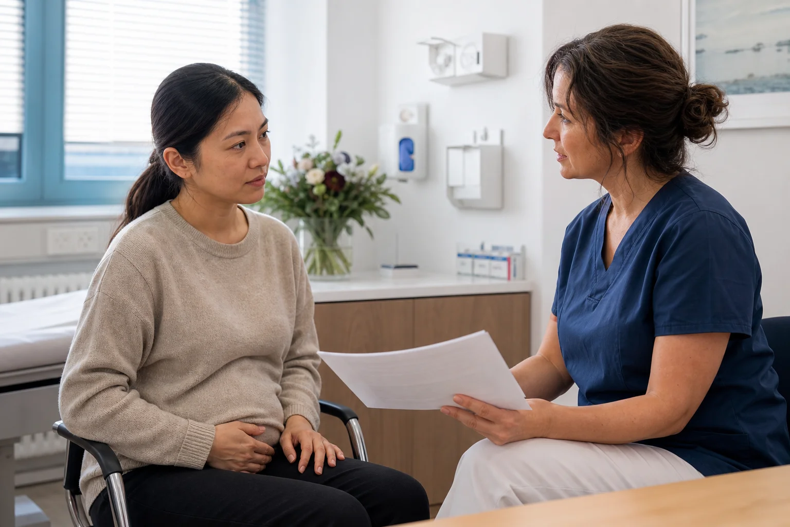 Một bệnh nhân trao đổi với nhân viên y tế về giấy ra viện của mình trong buổi tái khám