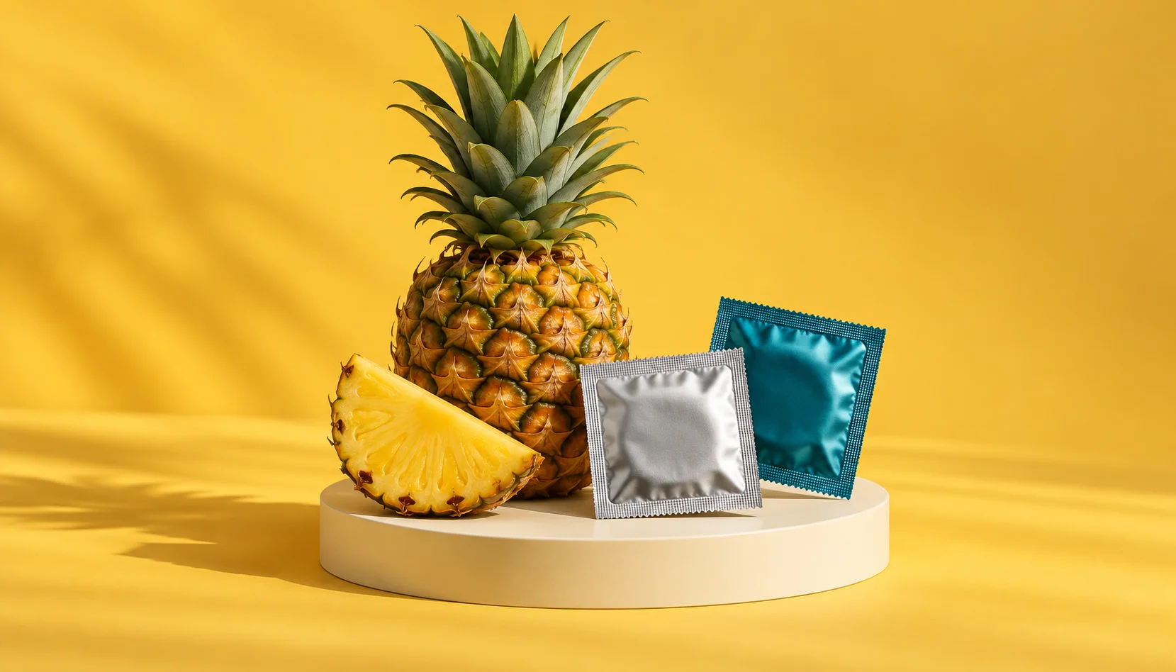 Ananas og to uåbnede kondompakker på en lys sokkel foran en gul baggrund