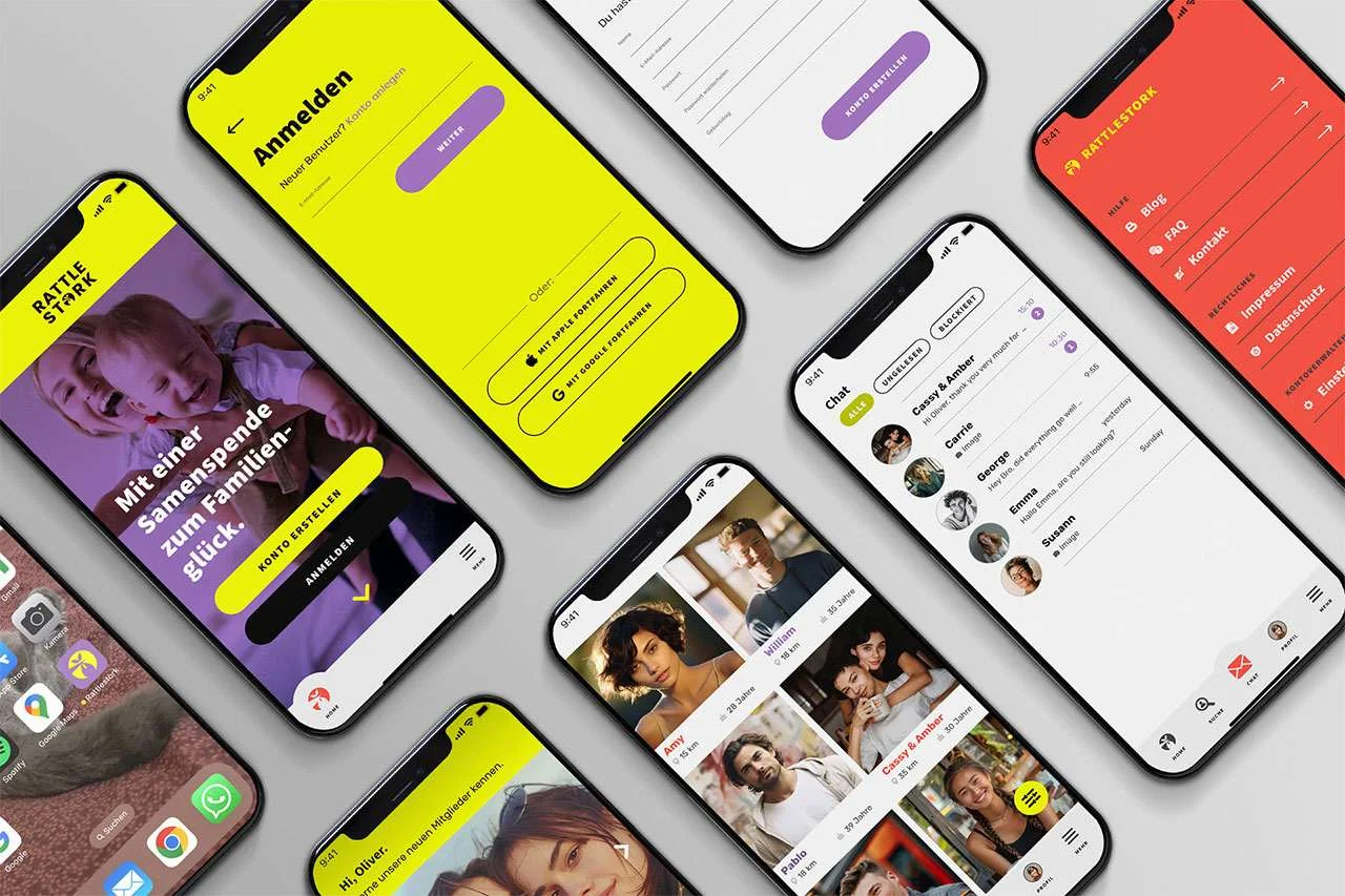 RattleStork app shown on a smartphone for family planning and co-parenting