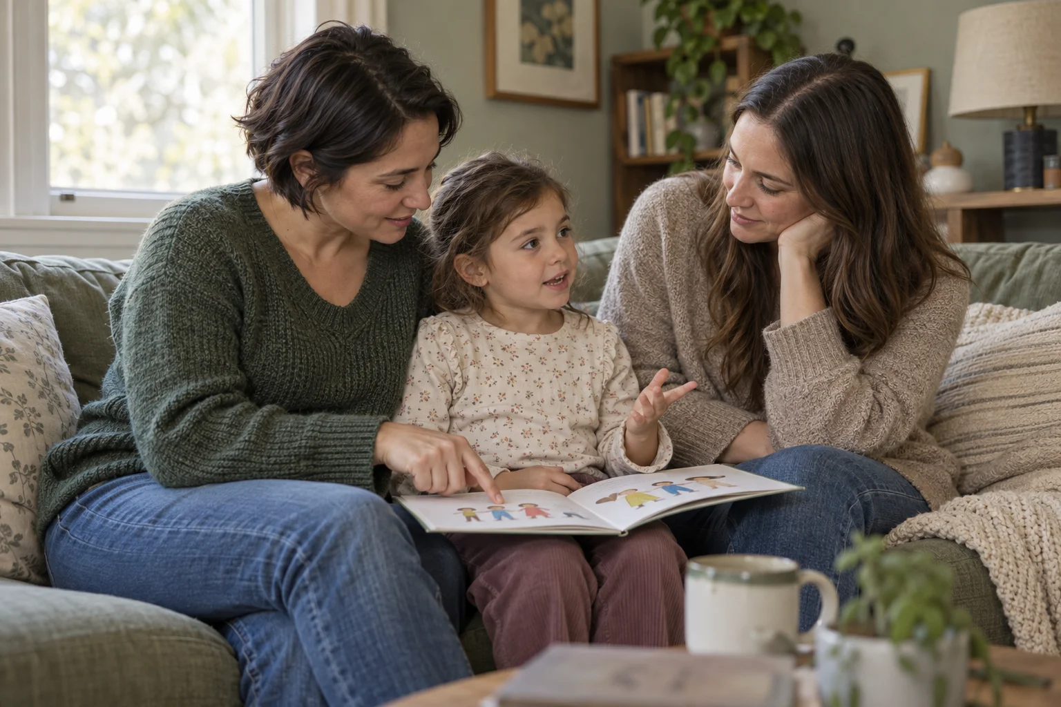 Dos madres miran un libro ilustrado con su hijo y lo escuchan con atención