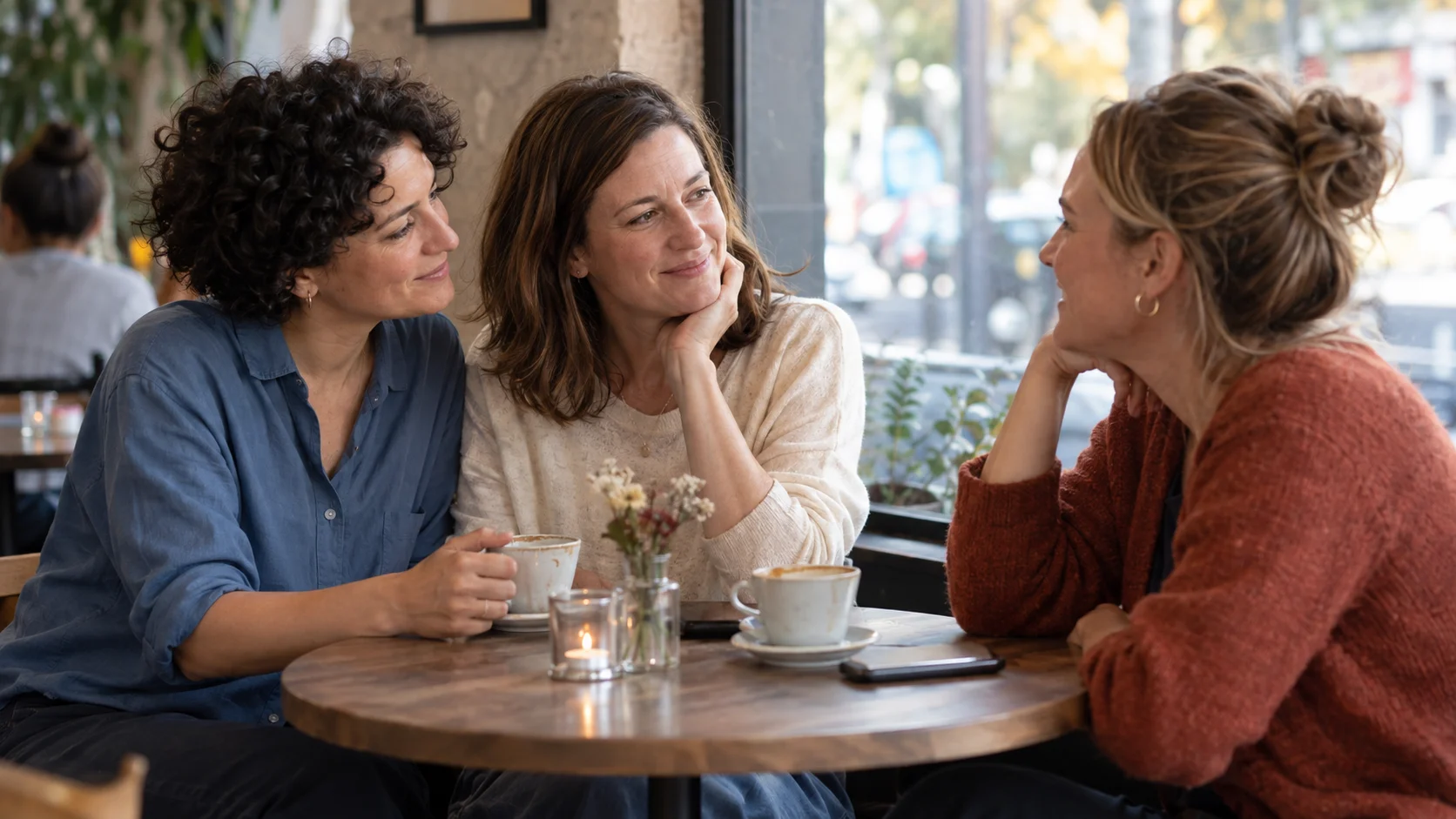 Tres mujeres conversan y se escuchan con atención mientras toman un cafĆ© en una cafeterĆa