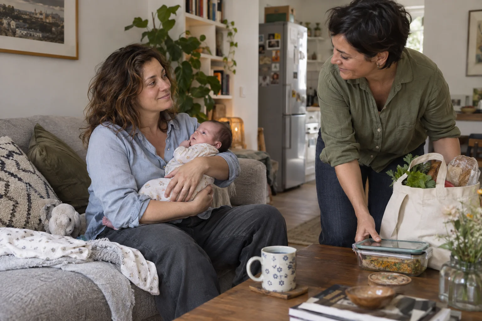 A mother holds her baby while a friend brings a meal and groceries