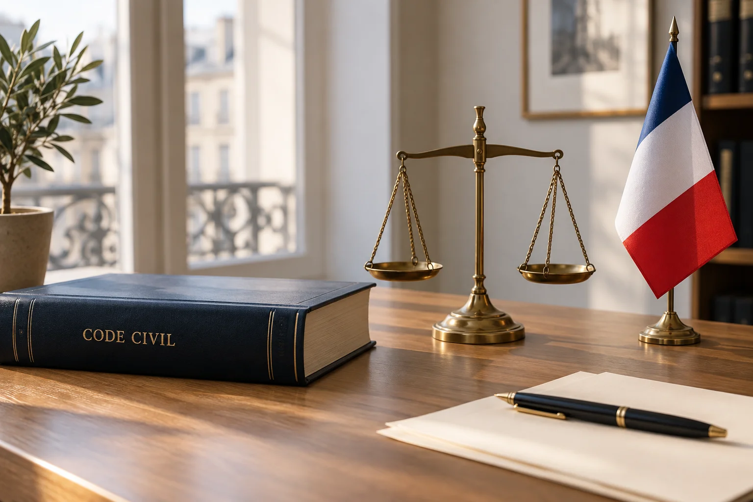A French law book, a set of scales, a French flag and papers on a desk
