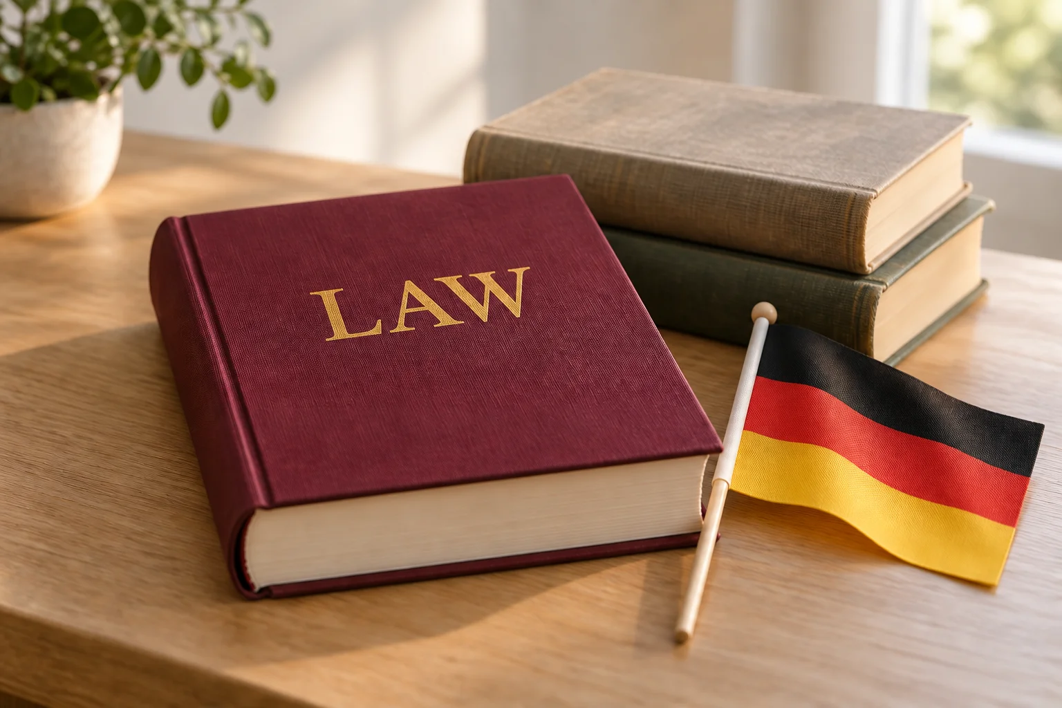 木桌上擺著一本印有金色LAW字樣的酒紅色書,旁邊有其他書籍和一面小德國國旗