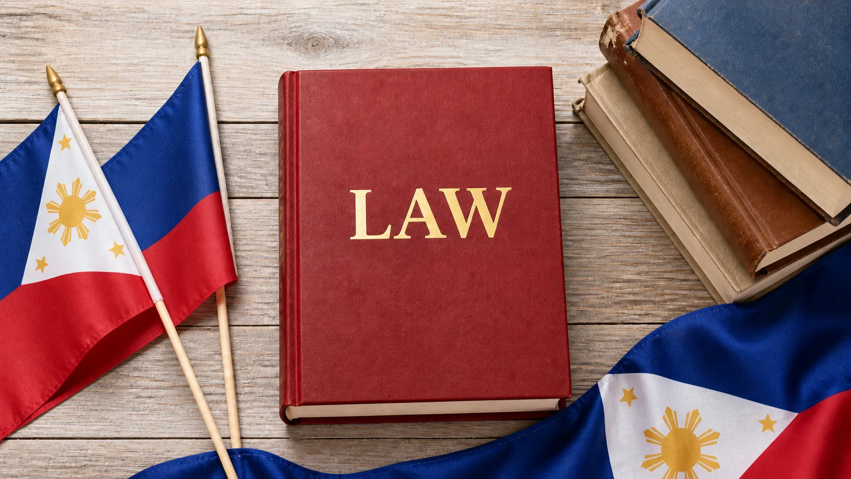 木桌上的紅色書籍寫著LAW,旁邊有菲律賓國旗與疊放的書