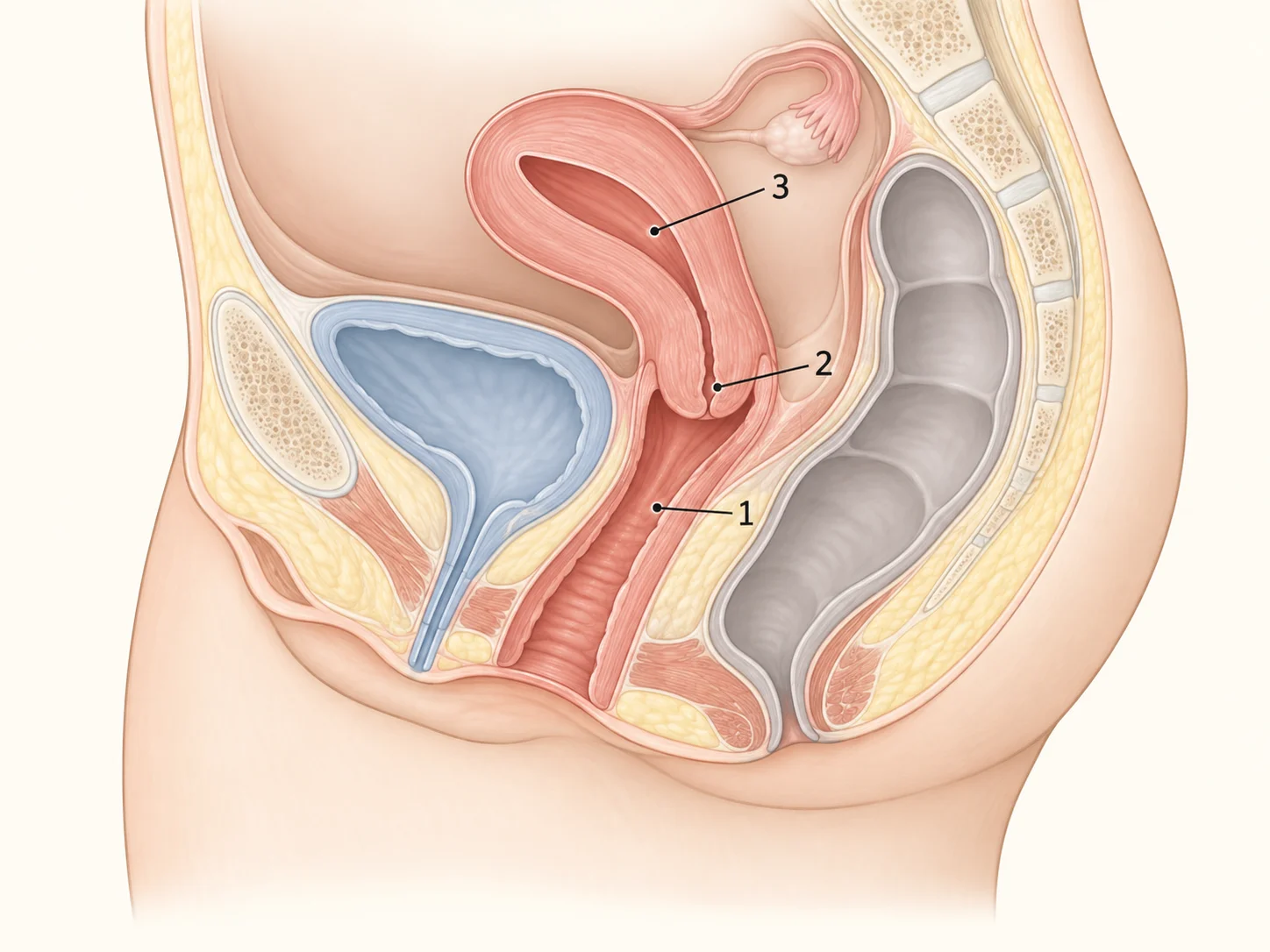 Vereinfachter seitlicher Schnitt durch das Becken: Vagina zwischen Harnblase und Enddarm, darüber Gebärmutterhals und Gebärmutter