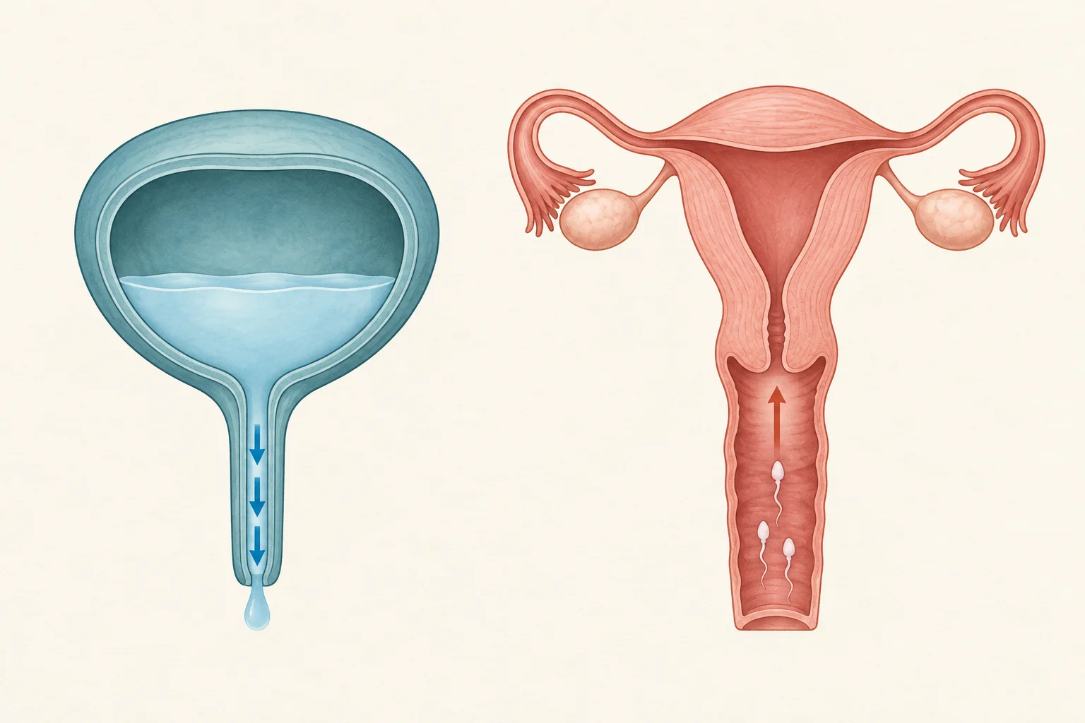 Schematisch getrennte Harn- und Geschlechtsorgane: links blaue Blase und Harnröhre, rechts korallfarbene Gebärmutter und Vagina mit nach oben gerichteten Spermien.