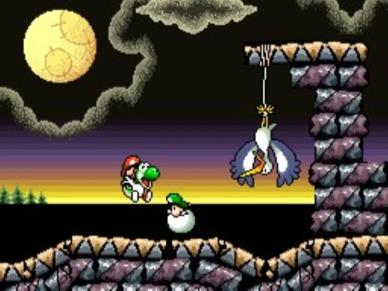 Video game scene from Yoshi’s Island showing a stork carrying Baby Mario
