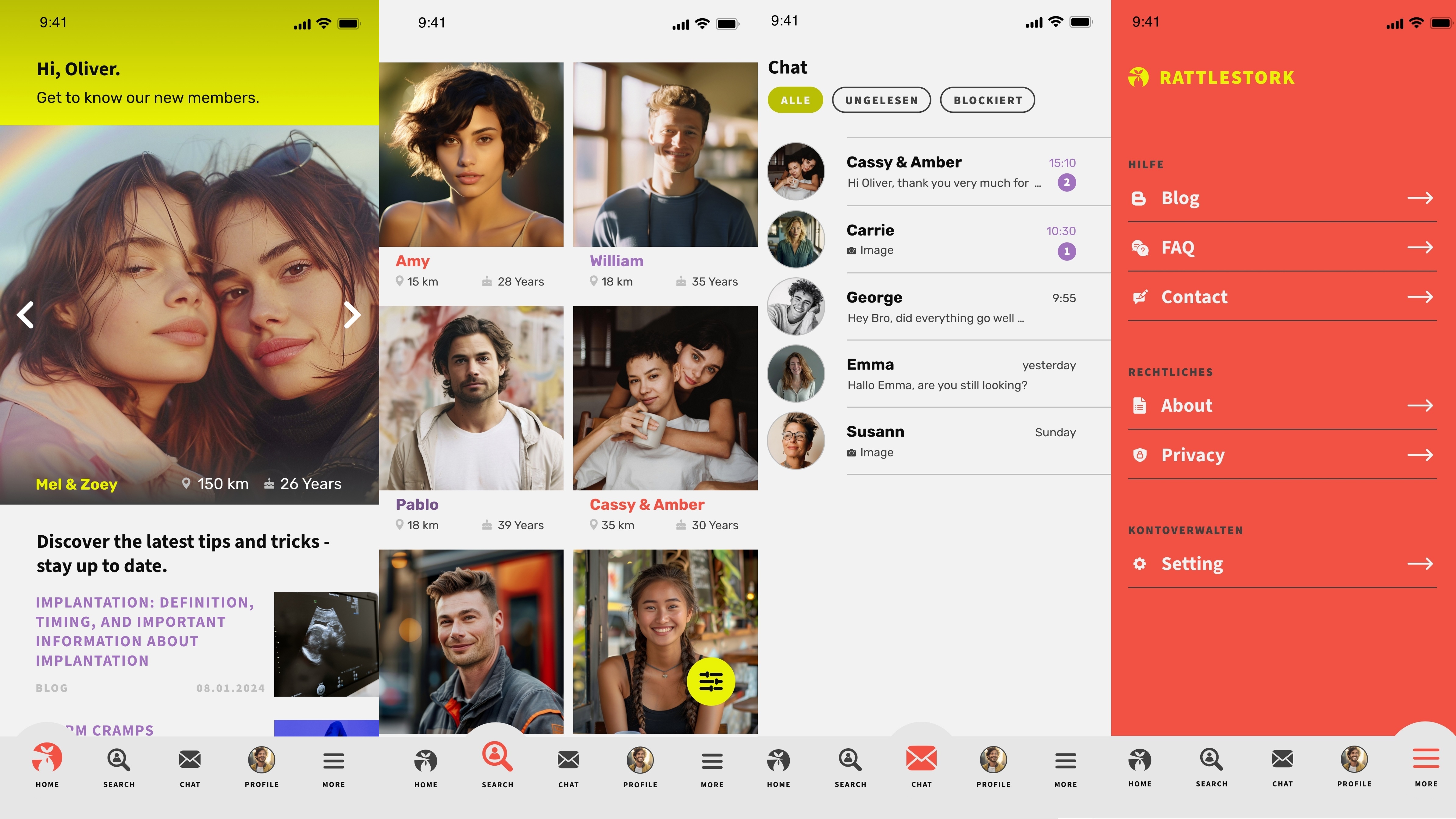RattleStork app showing verified profiles, secure chat, and private notes for IVF planning