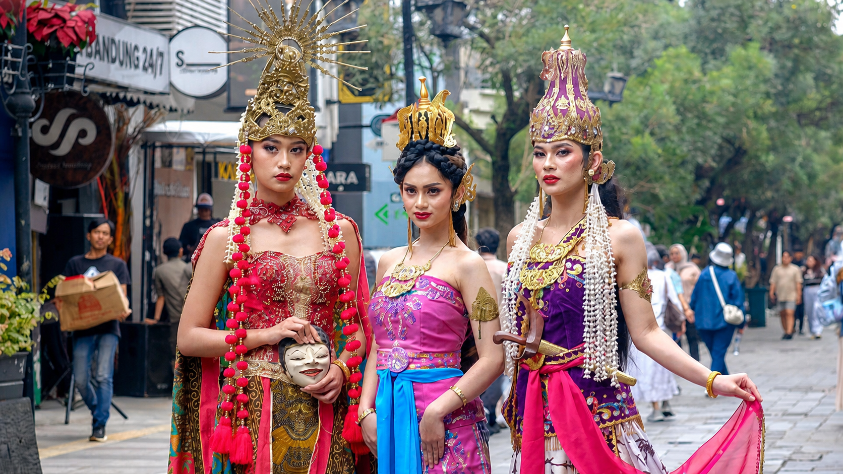 Three women wearing traditional Indonesian clothing and ornate crowns
