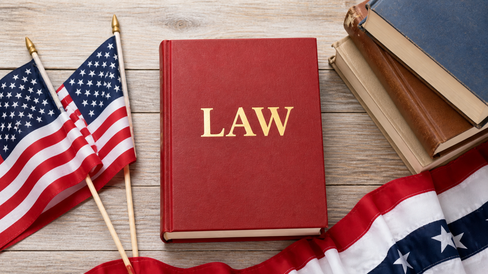 Красная юридическая книга среди флагов США и справочников по праву