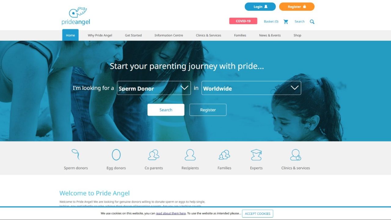 Pride Angel homepage: LGBTQ+-friendly donor and co-parenting platform