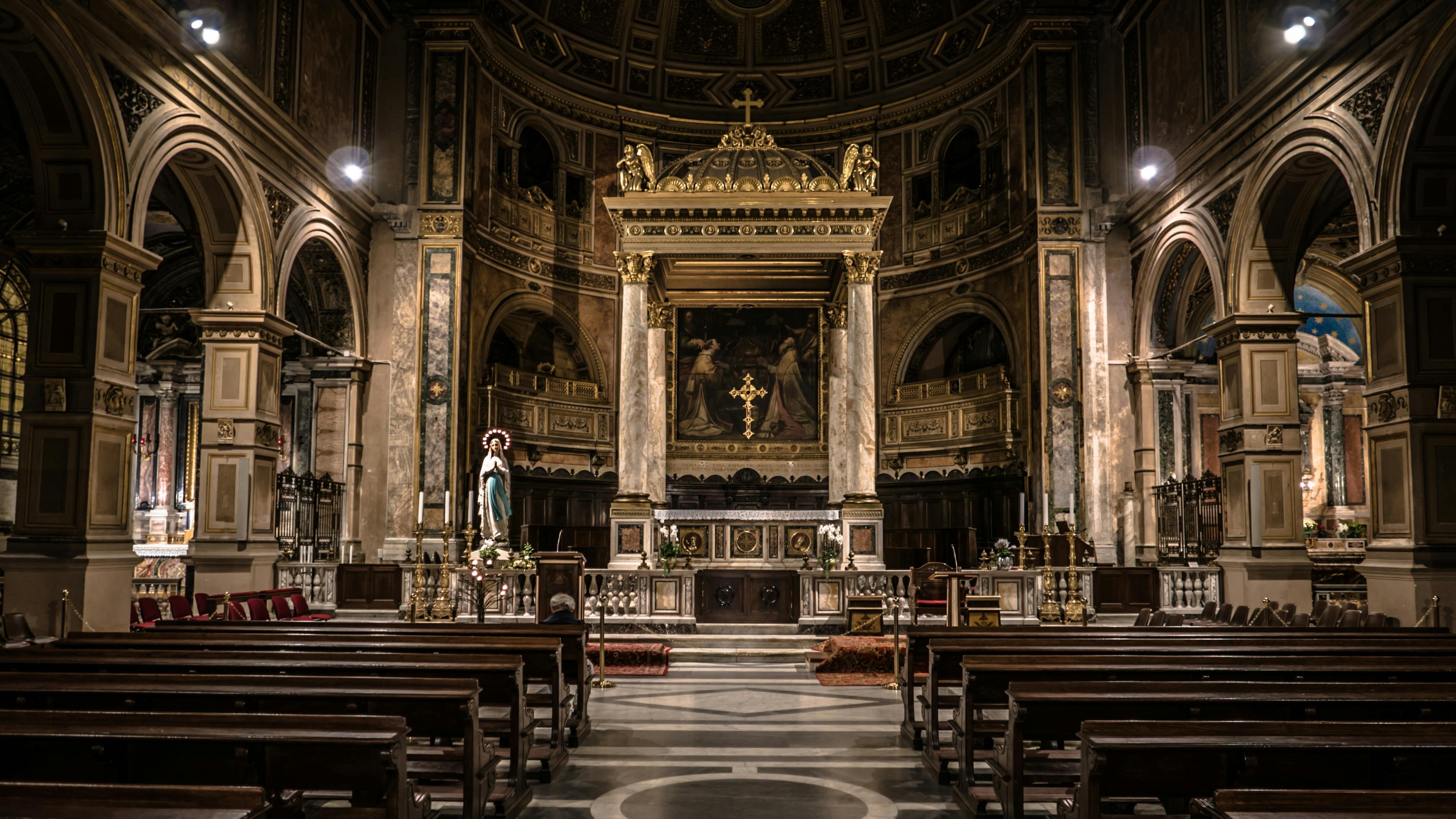 Symbols of major world religions inside a church